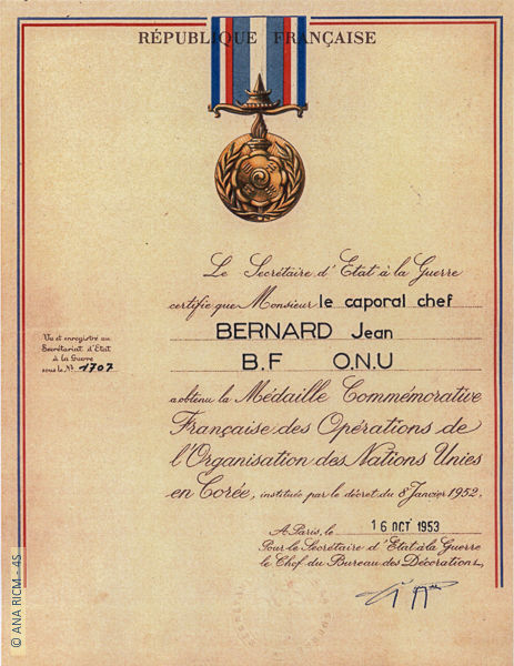 Jean-Eugène Bernard, médaille commémorative de la guerre de Corée